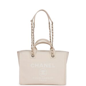 Small Deauville Shopping Bag White Boucle Light Gold Hardware.