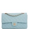 Medium Classic Double Flap Bag Blue Quilted Caviar Light Gold Hardware.
