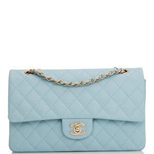 Medium Classic Double Flap Bag Blue Quilted Caviar Light Gold Hardware.